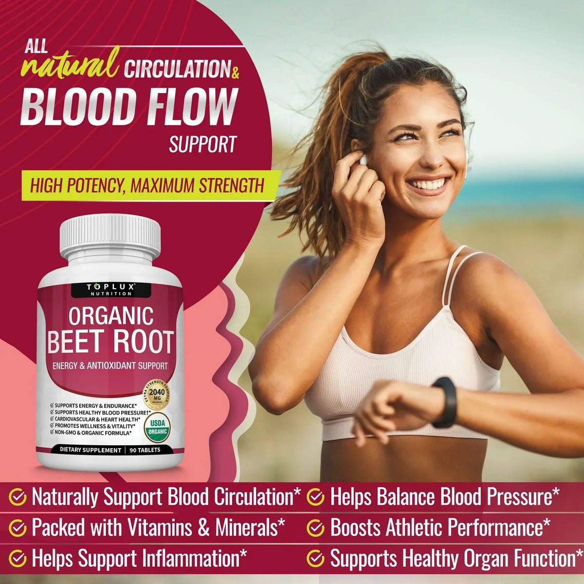 Organic Beet Root Powder Tablets 2040mg – Energy & Circulation Support (90 Ct)