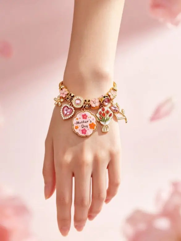 Mother’s Day gold twisted cable charm bangle, pink flower crystal beaded bracelet with tulip and heart charms, jewelry gift for mom and women