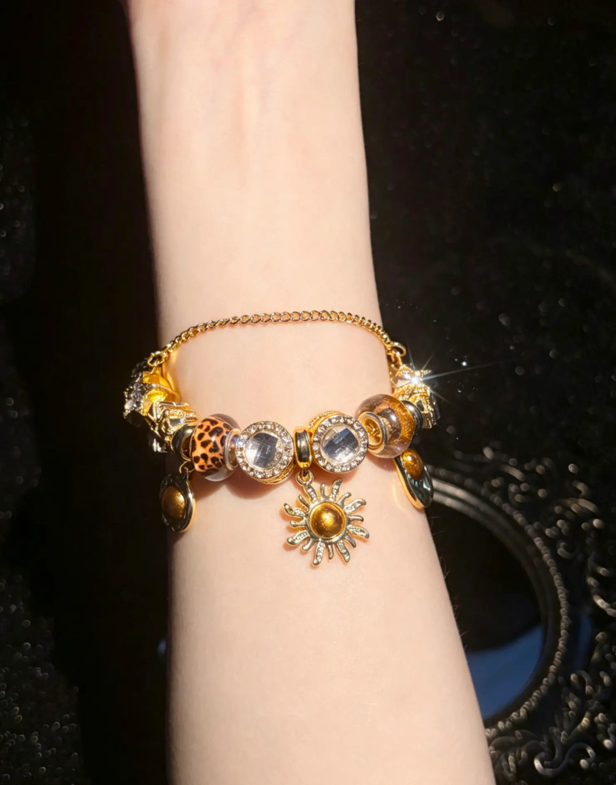 Women's Retro Bohemian Statement Bracelet - Gold-Tone Beaded Design with Leopard Print Bead Dangle Sun Charm, Fashion Costume Jewelry