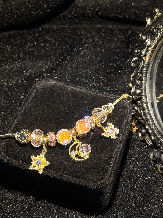 Gold Tone Moon Star Charm Bracelet, Sparkly Crystal Beads Dangle Bracelet for Women Jewelry Gift
