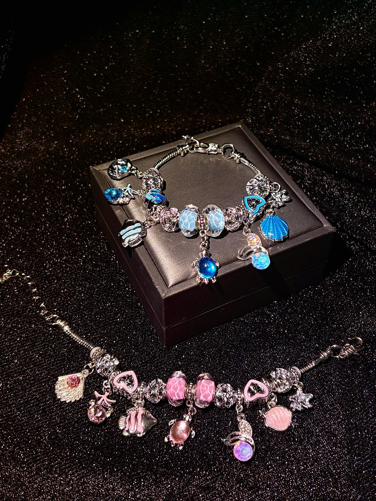 Women's Ocean Theme Charm Bracelet - Silver Snake Chain Beaded Bracelet with Shell, Turtle, Fish, Starfish Charms - 2-Color Mermaid Beach Costume Jewelry Gift