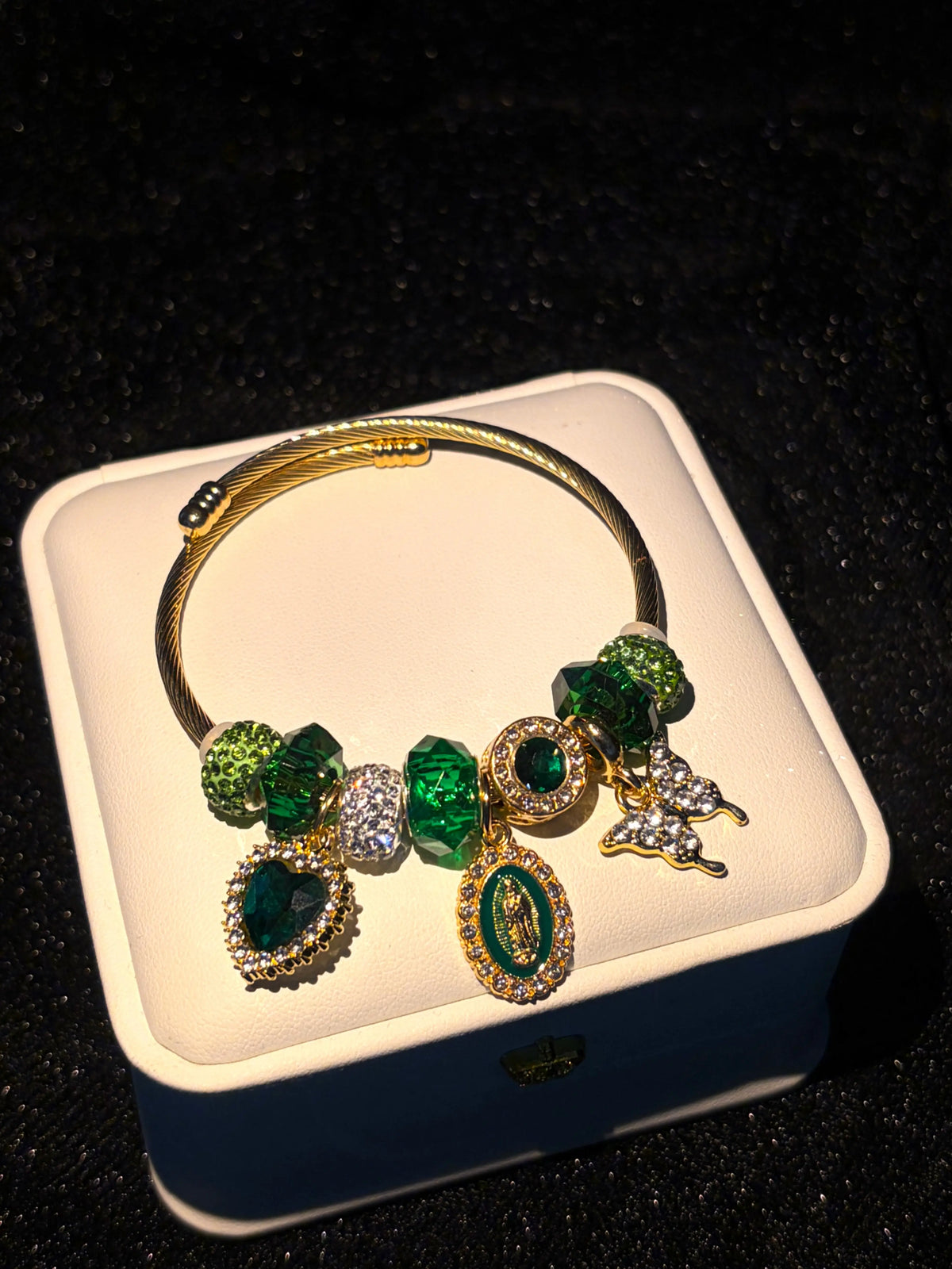 Women's Gold-Tone Emerald Green Heart Virgin Mary Butterfly Charm Bracelet - Sparkling Rhinestone Beaded Snake Chain Vintage Religious Statement Jewelry Gift