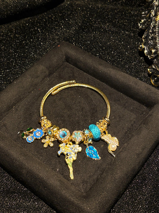 Women's Gold-Tone Enamel Floral Open Cuff Charm Bangle - Nature Collection Jewelry with Flower, Leaf, Pearl & Rhinestone Charms, Fashion Gift for Ladies