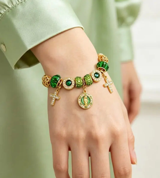 Tone Gold Snake Chain Charm Bracelet Emerald Green Crystal Rhinestone Cross Religious Medal Bracelet Women Prayer Jewelry Gift