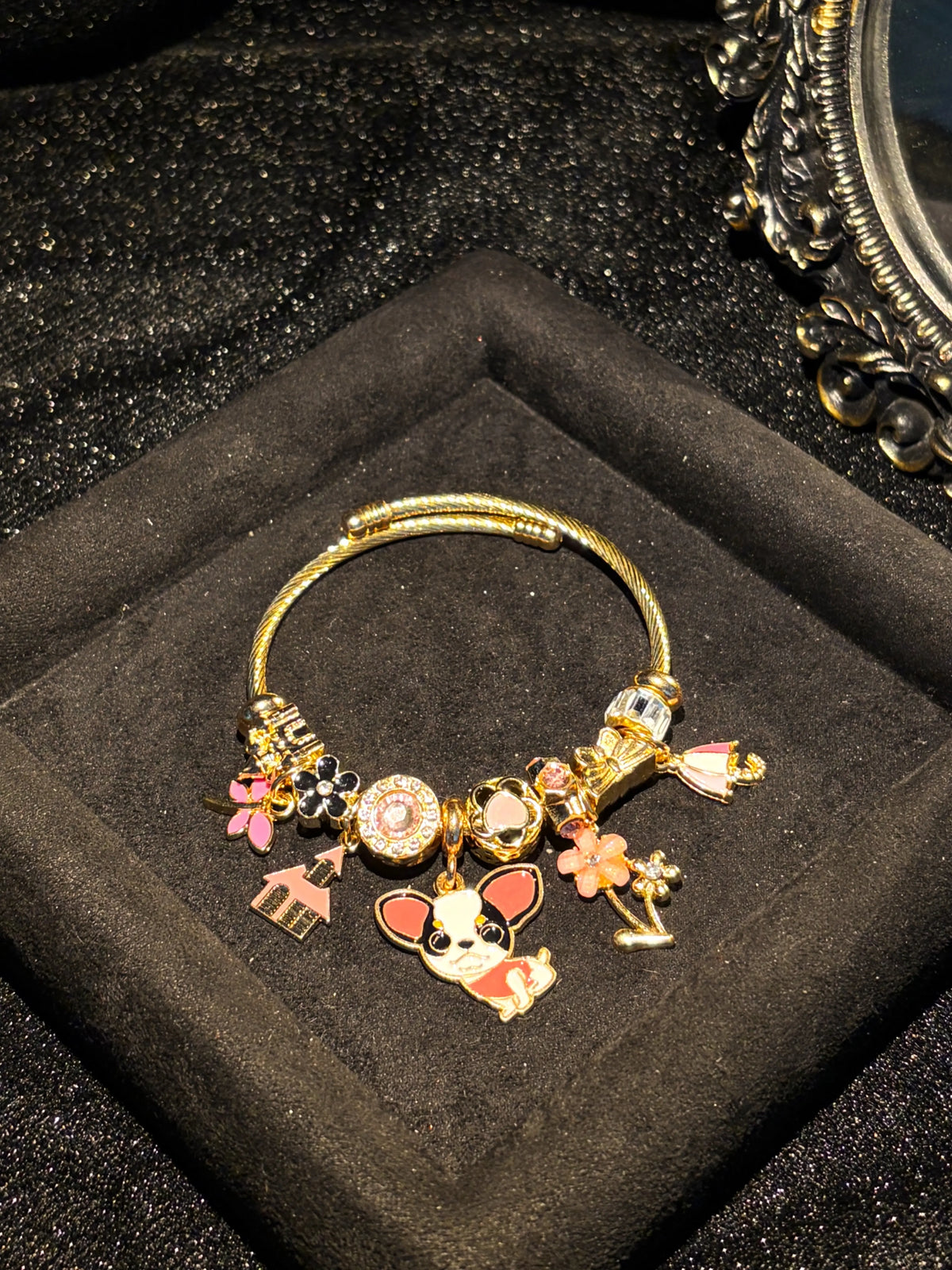 Cute Chihuahua Themed Open Cuff Bangle - Multi-Charm, House & Flower Accented, Skirt Beaded, Stackable Fashion Jewelry Gift for Pet Lovers