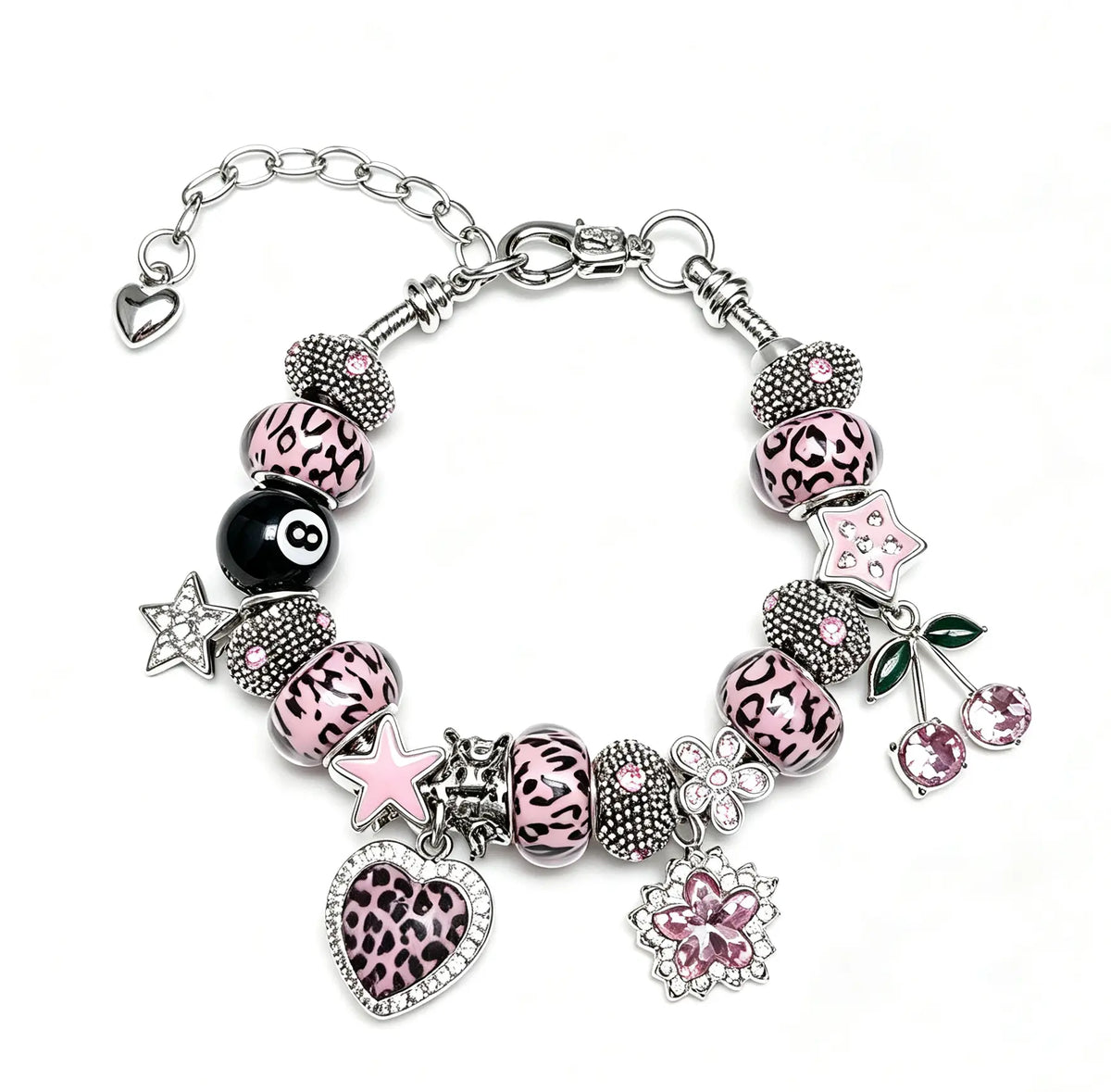 Viral Leopard Charm Bracelet (Pink/Blue) – 8-Ball, Cherry & Heart Pendants | Adjustable Silver Chain Gift for Her