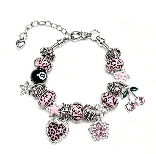 Viral Leopard Charm Bracelet (Pink/Blue) – 8-Ball, Cherry & Heart Pendants | Adjustable Silver Chain Gift for Her