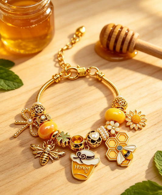 Honey Bee Charm Bracelet, Gold Tone Floral Honeycomb Bangle with Beaded Charms, Nature Inspired Fashion Jewelry Gift for Women