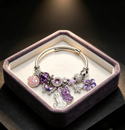 Purple Butterfly Winged Cat Charm Bracelet, Adjustable Stainless Steel Twisted Wire Open Cuff Bangle with Crystal, Star, Flower & Pink Heart Charms, Dainty Jewelry Gift for Women Teen Girls