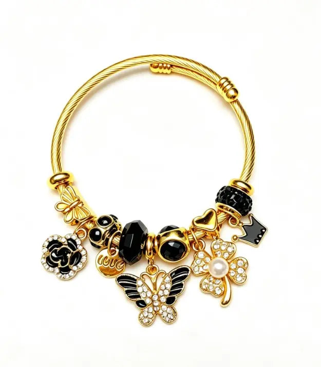 Tone Gold Twisted Wire Open Bangle Black Butterfly Clover Pearl Rhinestone Enamel Charm Bracelet Women Luxury Black Gold Jewelry Gift