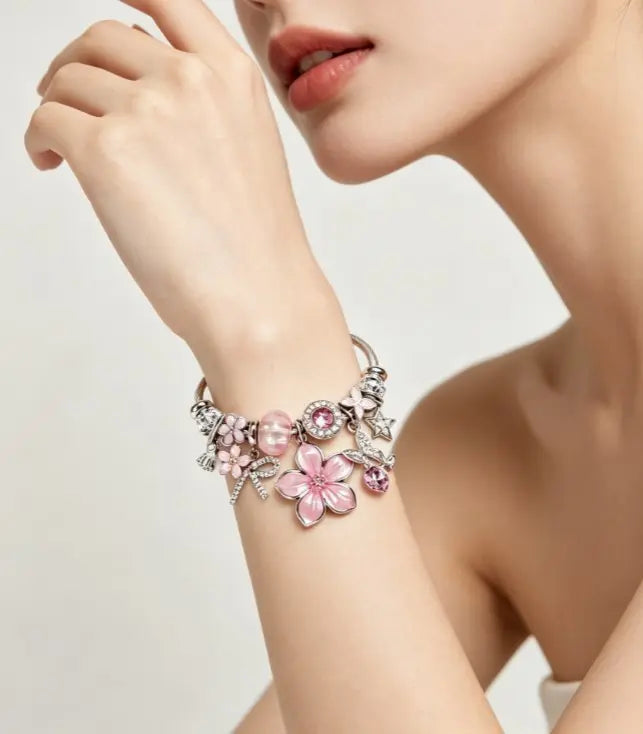 Tone Silver Twisted Open Bangle Pink Blue Black Purple Sakura Flower Crystal Rhinestone Charm Bracelet Women Sweet Girly Jewelry Gift