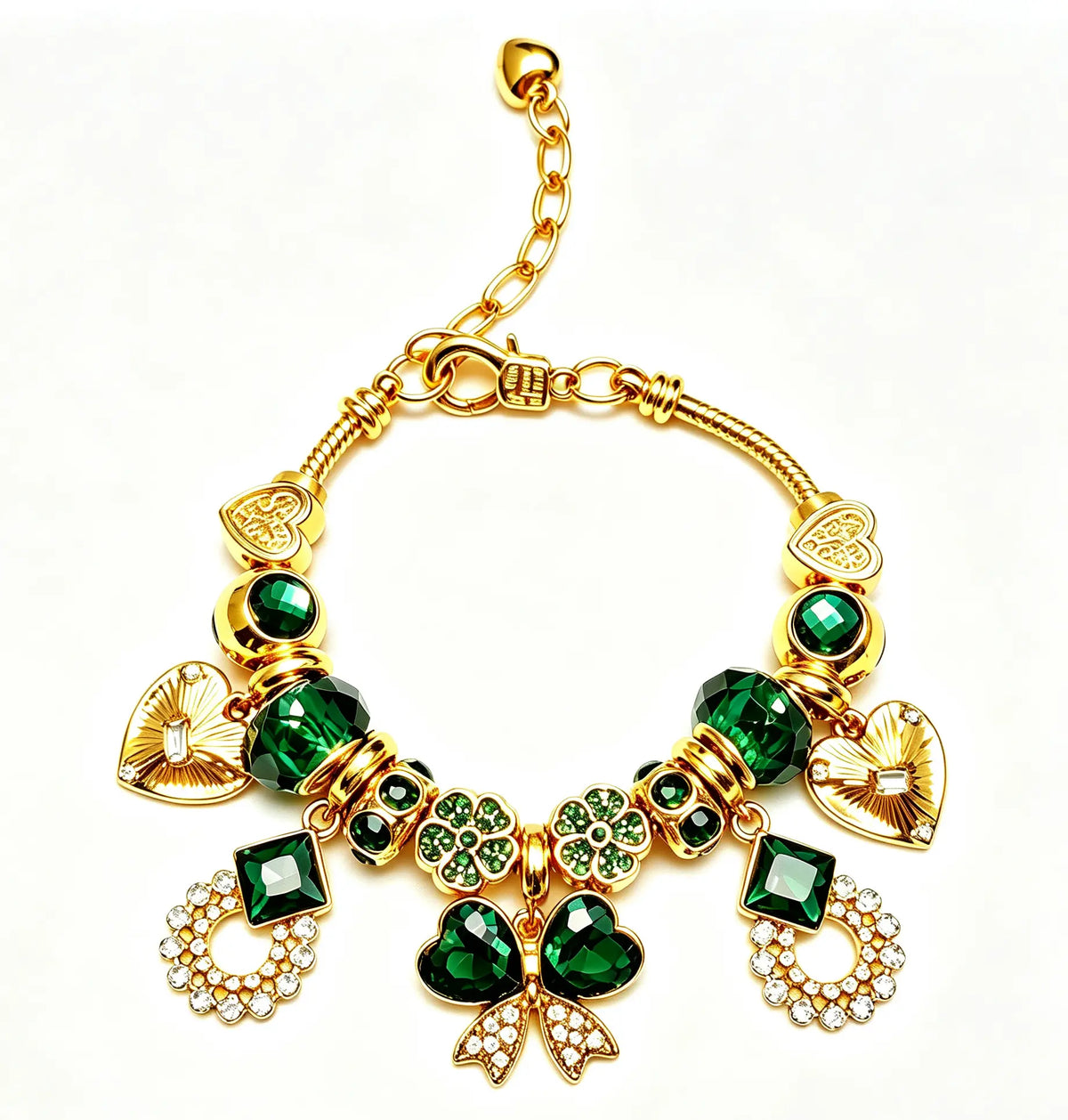 Women's Gold-Plated Charm Bracelet - Emerald Green Crystal 4-Leaf Clover, Heart, Bow Pendant Beaded Bracelet, Elegant Vintage Costume Jewelry Gift for Women