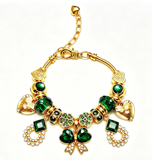 Women's Gold-Plated Charm Bracelet - Emerald Green Crystal 4-Leaf Clover, Heart, Bow Pendant Beaded Bracelet, Elegant Vintage Costume Jewelry Gift for Women