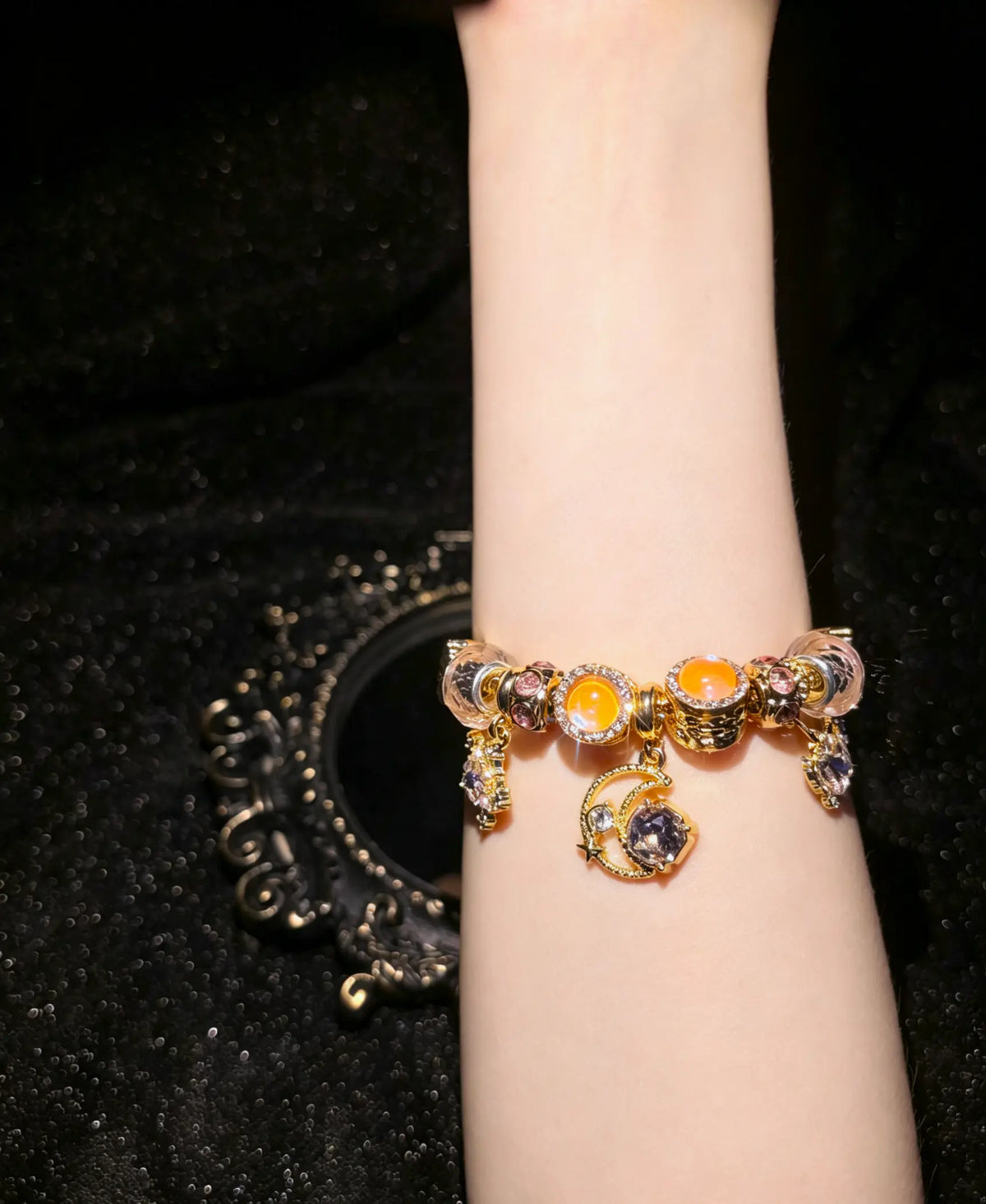 Gold Tone Moon Star Charm Bracelet, Sparkly Crystal Beads Dangle Bracelet for Women Jewelry Gift