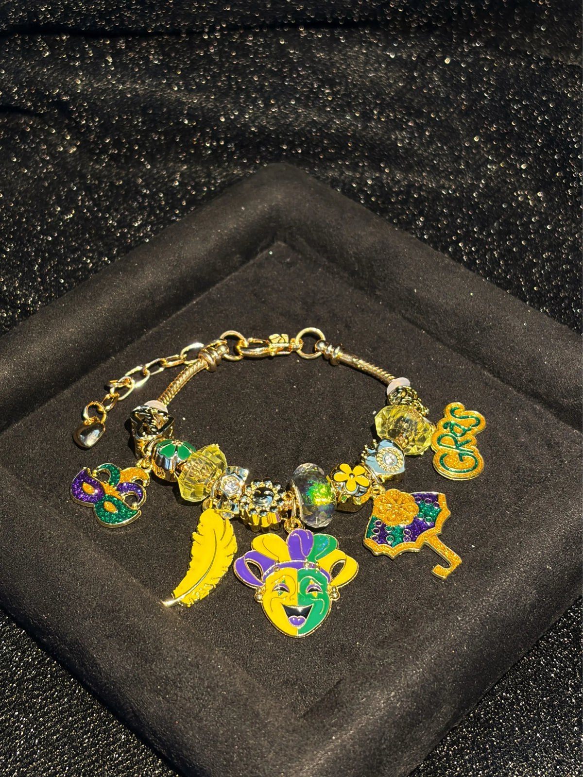 Women's Gold-Tone Snake Chain Charm Bracelet with Colorful Mardi-Gras-Inspired Enamel Dangle Charms, Birthday Costume Jewelry Gift