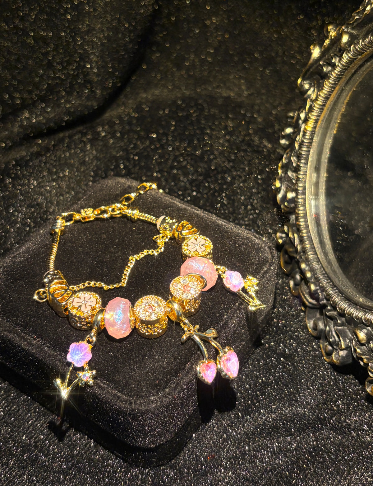 Women's Gold-Tone Adjustable Charm Bracelet - Sparkly Pink Heart, Flower Beads, Rhinestone Crystals - Fashion Costume Jewelry Gift
