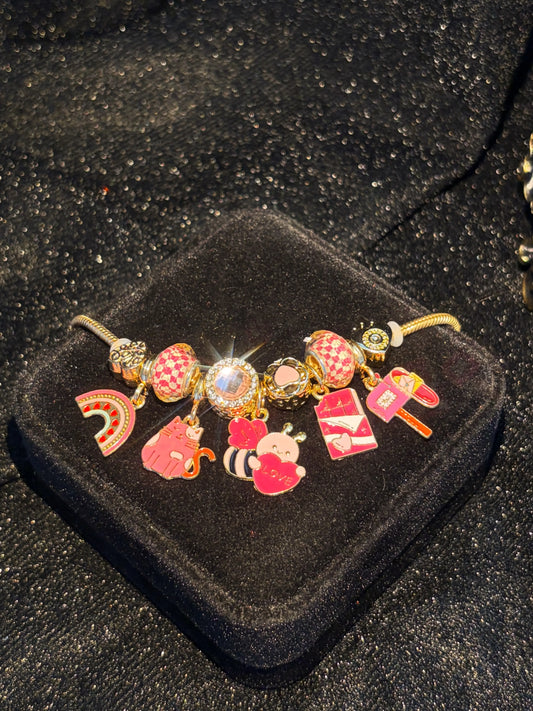 Women's Gold-Tone Snake Chain Charm Bracelet with Cute Pink Love-Themed Enamel Dangle Charms, Birthday Costume Jewelry Gift