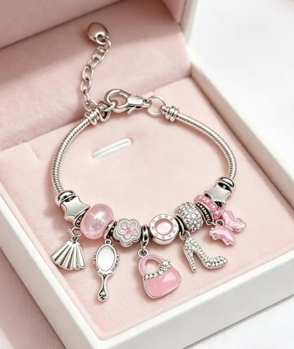 Silver Snake Chain Charm Bracelet, Pink Enamel Handbag High Heels Mirror Butterfly Beaded Bracelet, Sweet Fashion Jewelry Gift for Women Teen Girls