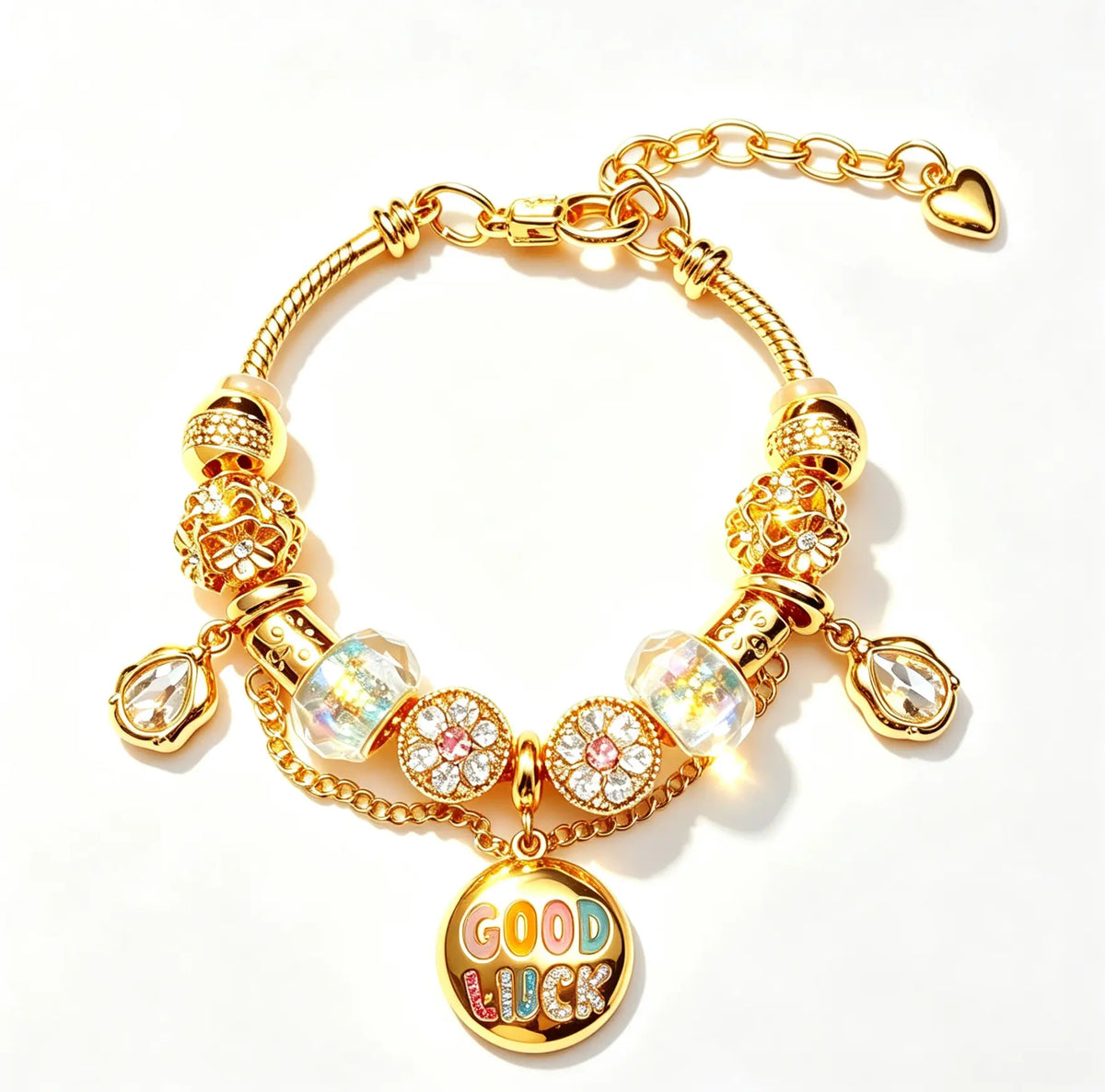 Gold Bead Charm Bracelet with GOOD LUCK Pendant, Adjustable Snake Chain Bracelet with Crystal Beads Dangle Charms, Fashion Jewelry Gift for Women Girls