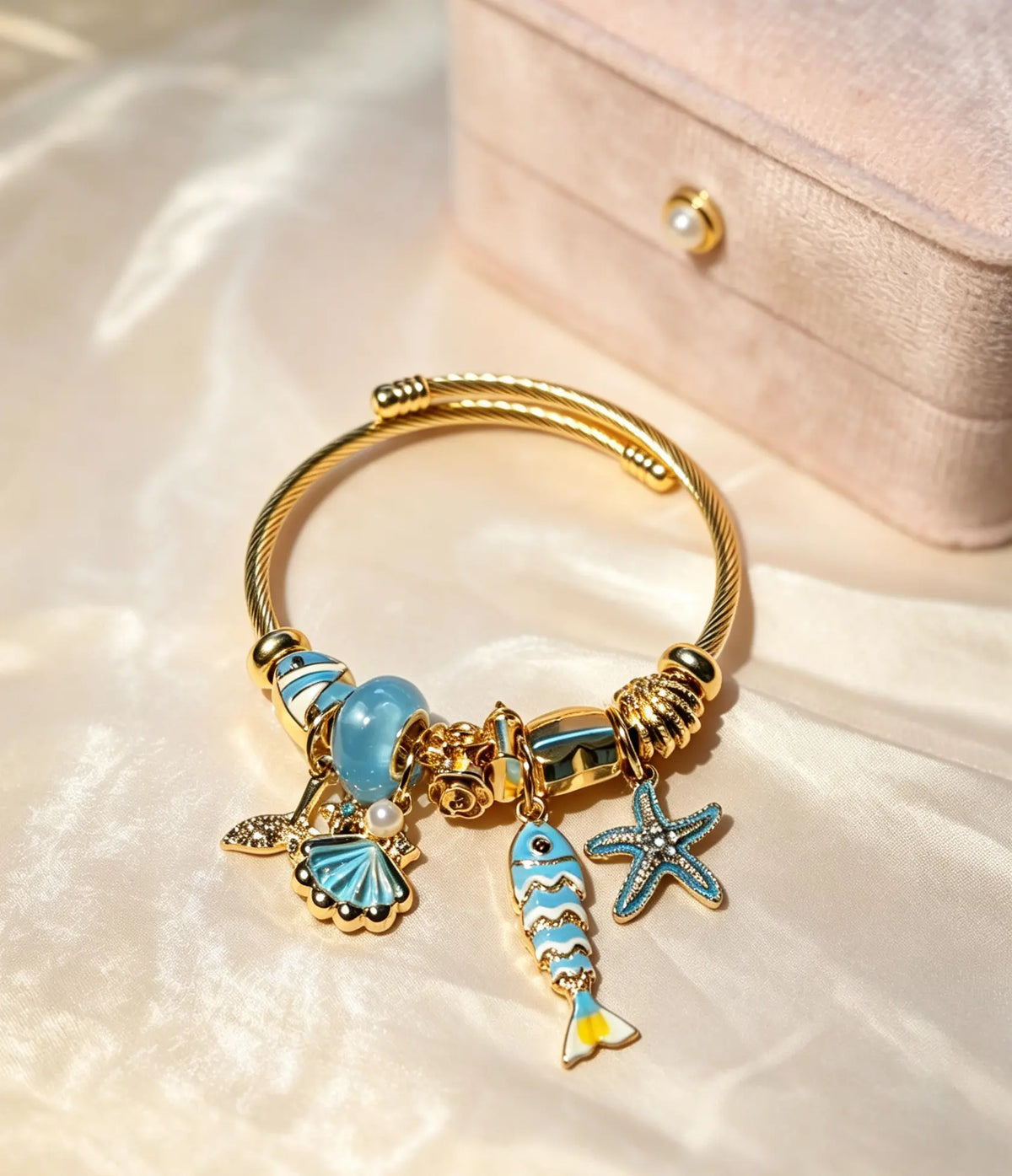 Women's Gold-Tone Ocean Theme Charm Open Cuff Bracelet with Fish, Starfish & Shell Charms, Beach Costume Jewelry Gift