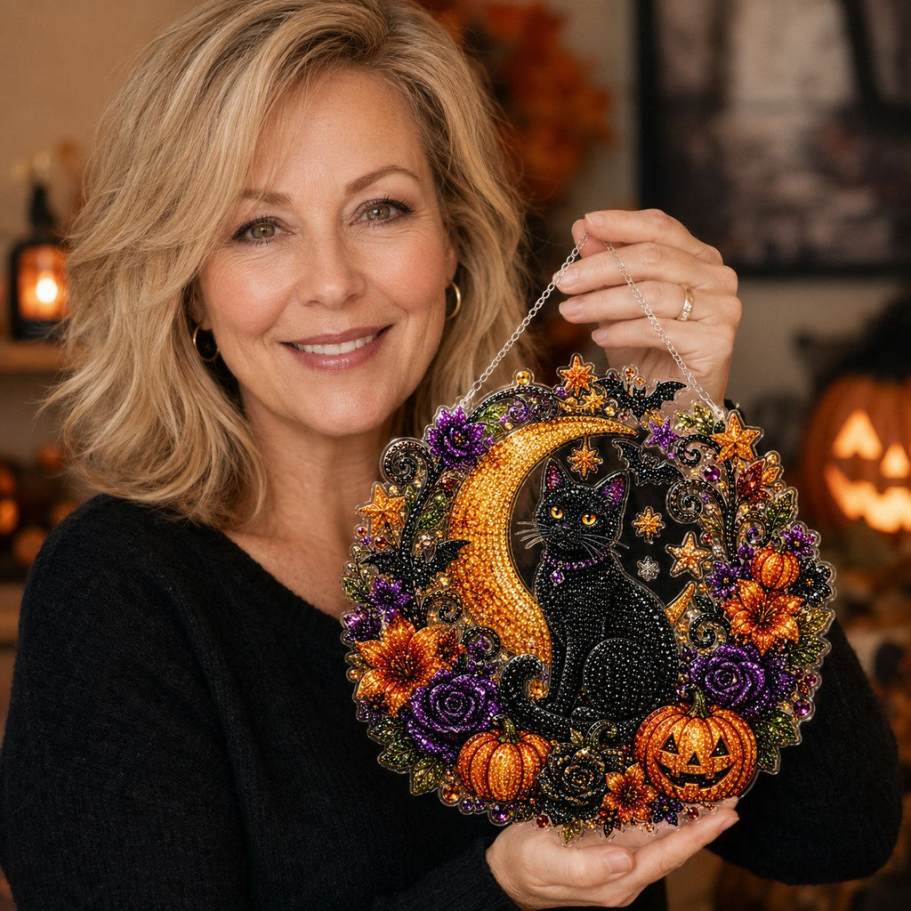 🎃 Halloween Black Cat Moon Diamond Art Hanging Ornament Kit