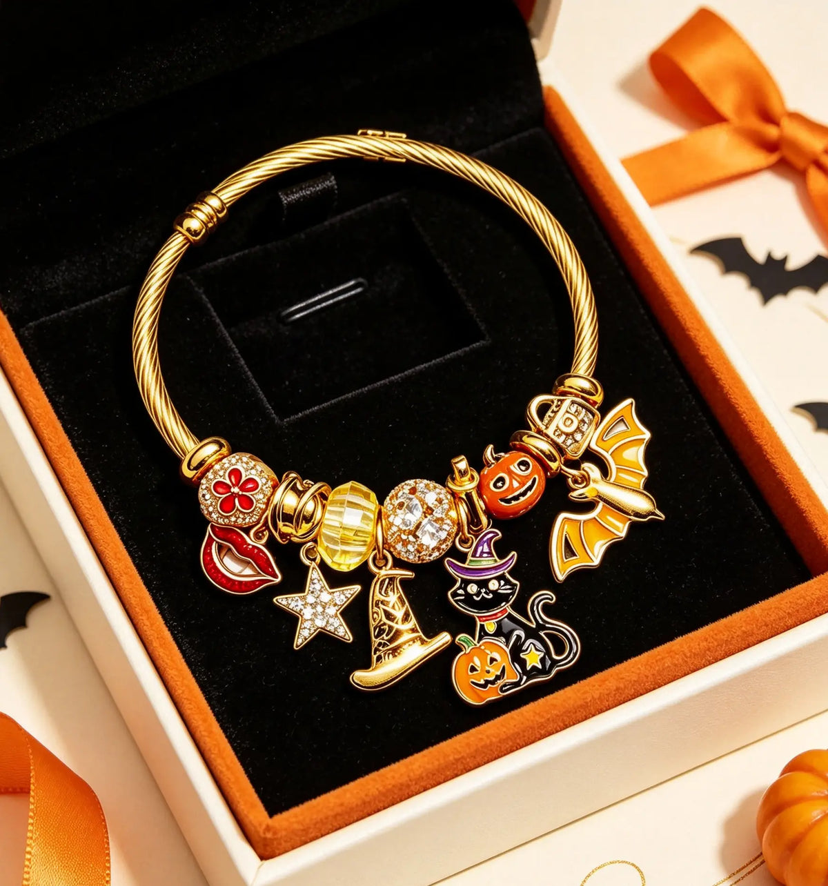 Halloween Charm Bangle Bracelet, Gold Tone Adjustable Wire Cuff with Black Cat, Pumpkin, Bat Witch Hat Enamel Charms, Halloween Jewelry Gift for Women Girls