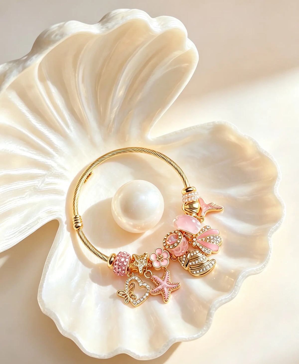 Pink Gold Tone Ocean Theme Charm Bangle, Adjustable Open Cable Wire Bracelet with Starfish, Seashell, Mermaid Tail, Heart Pendant, Transparent Pink Crystal Rhinestone Beads, Dainty Beach Jewelry Gift for Women