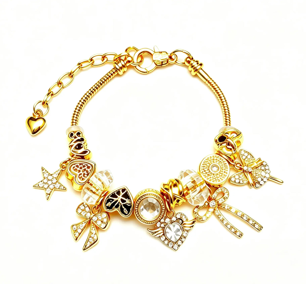 Fashion Gold-Tone Charm Bracelet for Women, Crystal Star Bow Heart Wing Dangle Bracelet, Adjustable Costume Jewelry Gift for Girls