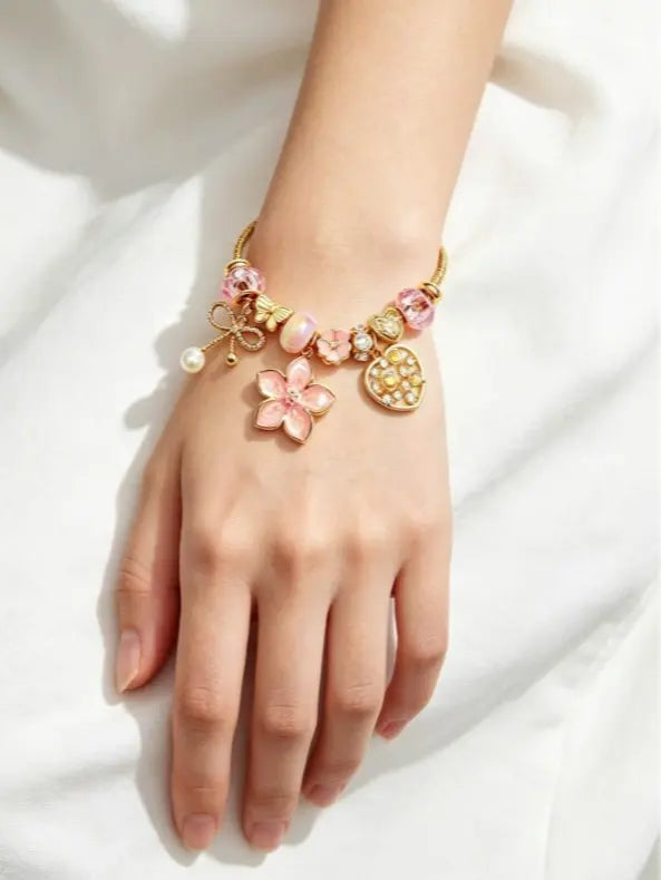 Gold Snake Chain Beaded Bracelet, Pink Flower Enamel Charm Bracelet with Pink Crystal Pearl Rhinestone, Fashion Jewelry Gift for Women