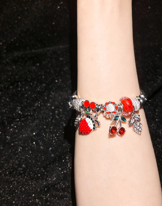 Silver-Tone Open Twist Wire Cuff Bangle, Vibrant Fruit-Themed Charm Bracelet with Strawberry, Cherry, Grape Dangles, Sweet Summer Holiday Gift Jewelry