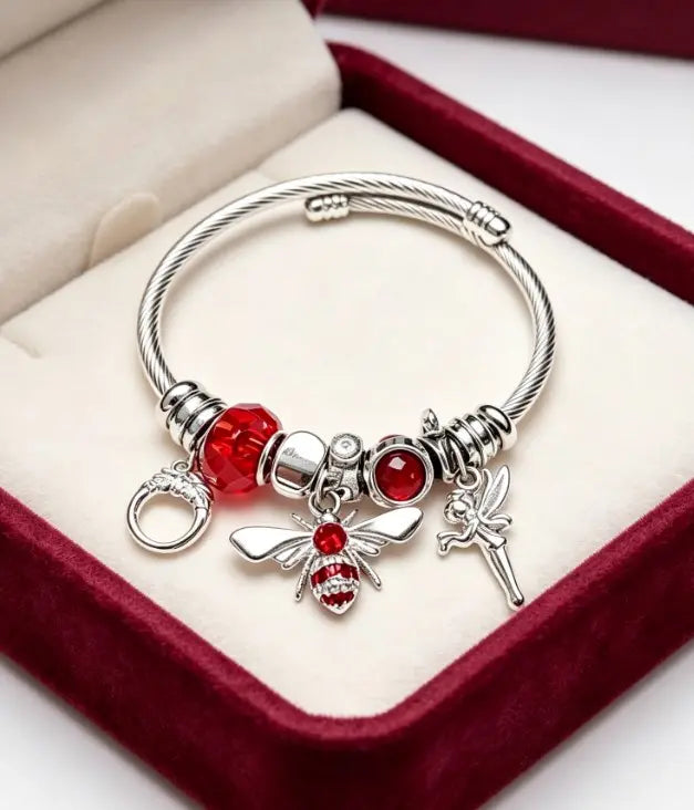 Adjustable Twist Wire Bangle Bracelet with Sparkling Red Crystal Bees and Fairy Charms, Silver Tone Open Cuff Bracelet Jewelry Gift for Women