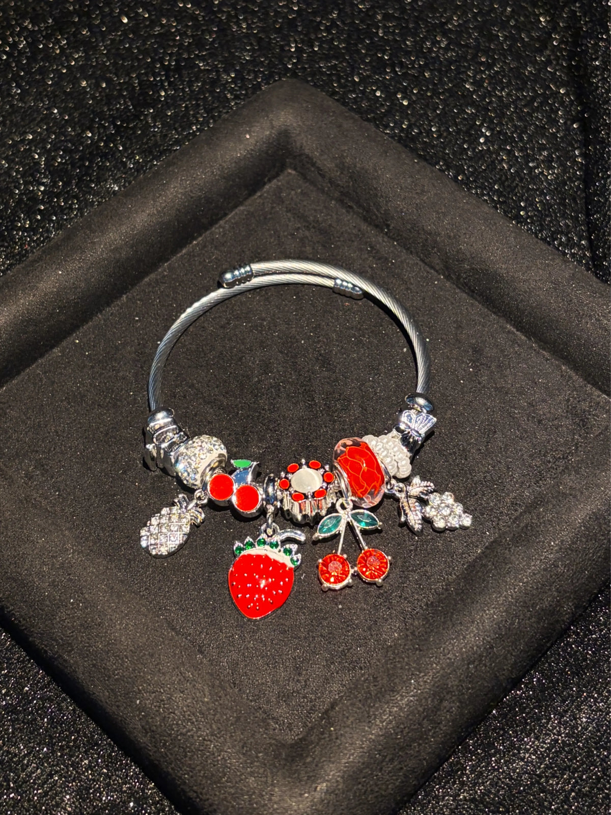Silver-Tone Open Twist Wire Cuff Bangle, Vibrant Fruit-Themed Charm Bracelet with Strawberry, Cherry, Grape Dangles, Sweet Summer Holiday Gift Jewelry