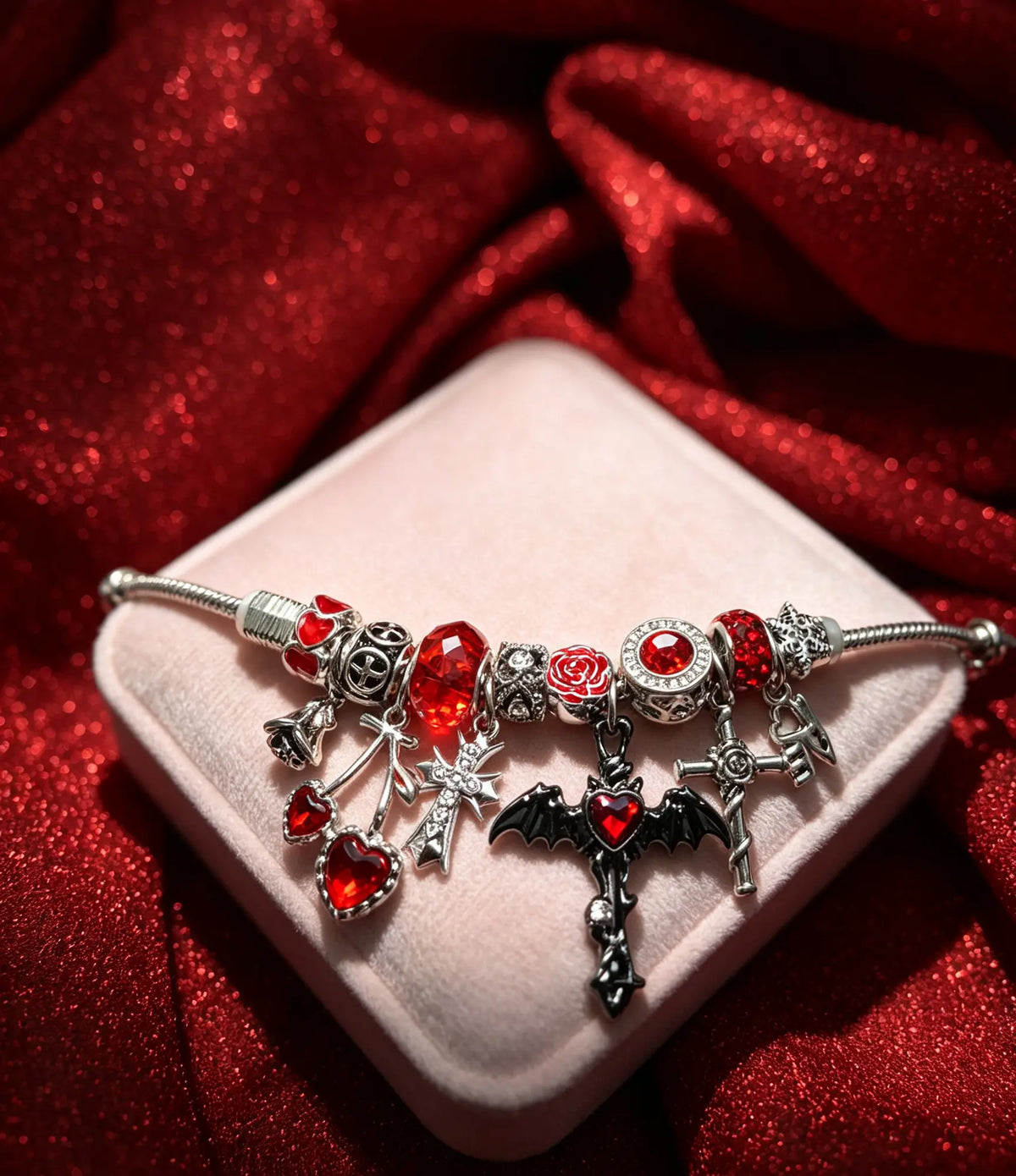 Silver‑Tone Adjustable Snake Chain Charm Bracelet for Women, Gothic Bracelet with Bat, Cross, Red Heart & Crystal Bead Charms, Punk Dark Fashion Jewelry, Halloween Costume Gift for Ladies Girls