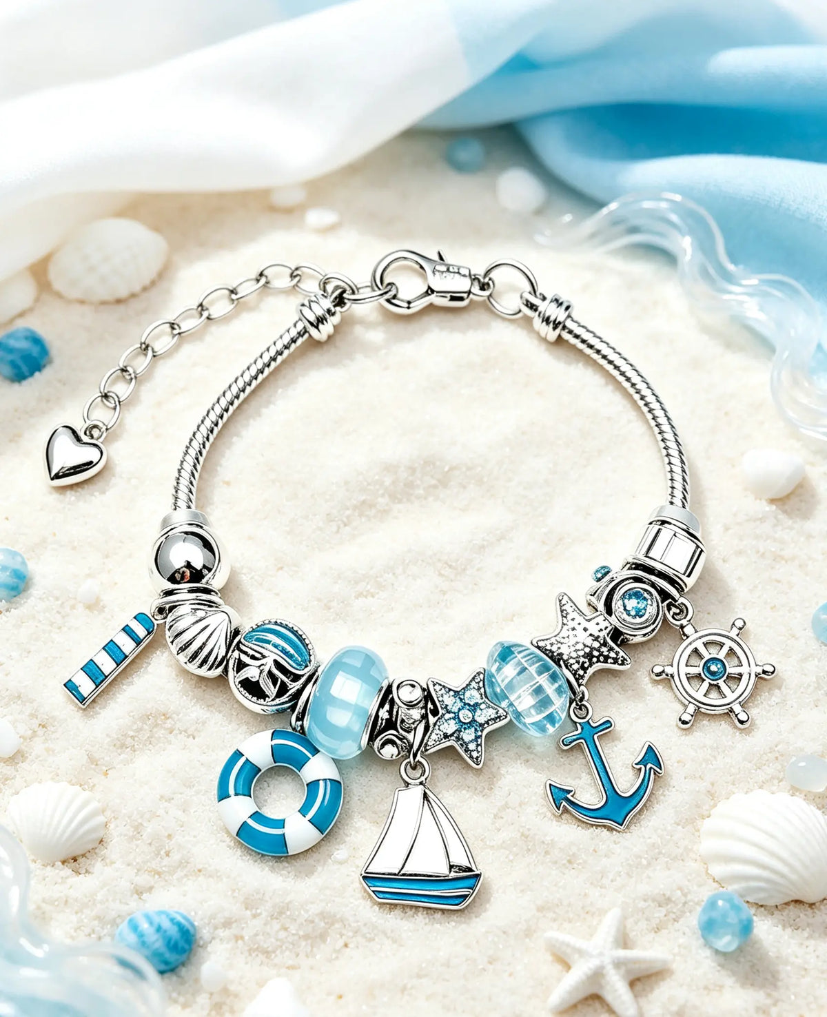Nautical Ocean Charm Snake Chain Bracelet for Women, Adjustable Blue Sailboat Anchor Lifebuoy Beaded Bracelet, Beach Summer Jewelry Gift