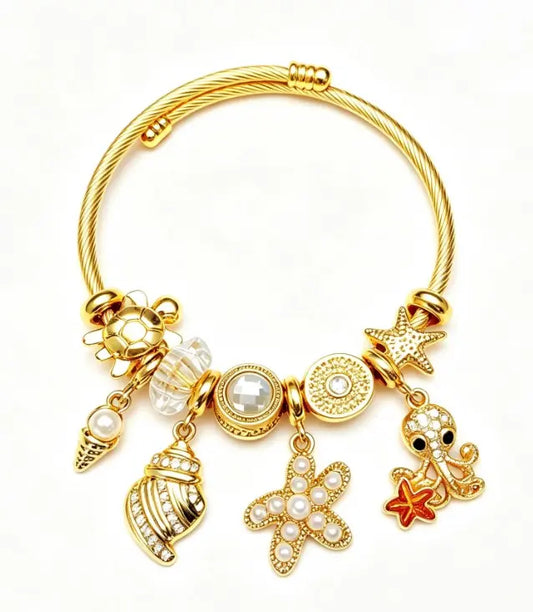 Gold Ocean Sea Themed Open Cuff Bangle, Adjustable Twisted Cable Wire Bracelet with Octopus, Turtle, Starfish, Seashell, Pearl & Crystal Charms, Summer Beach Stackable Jewelry Gift for Women Girls
