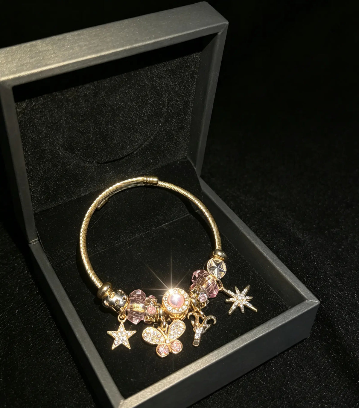 Sparkling Pink Crystal Butterfly Star Dangle Charm Bangle Bracelet, Gold Tone Open Cuff Wire Bangle Fashion Jewelry Gift for Women