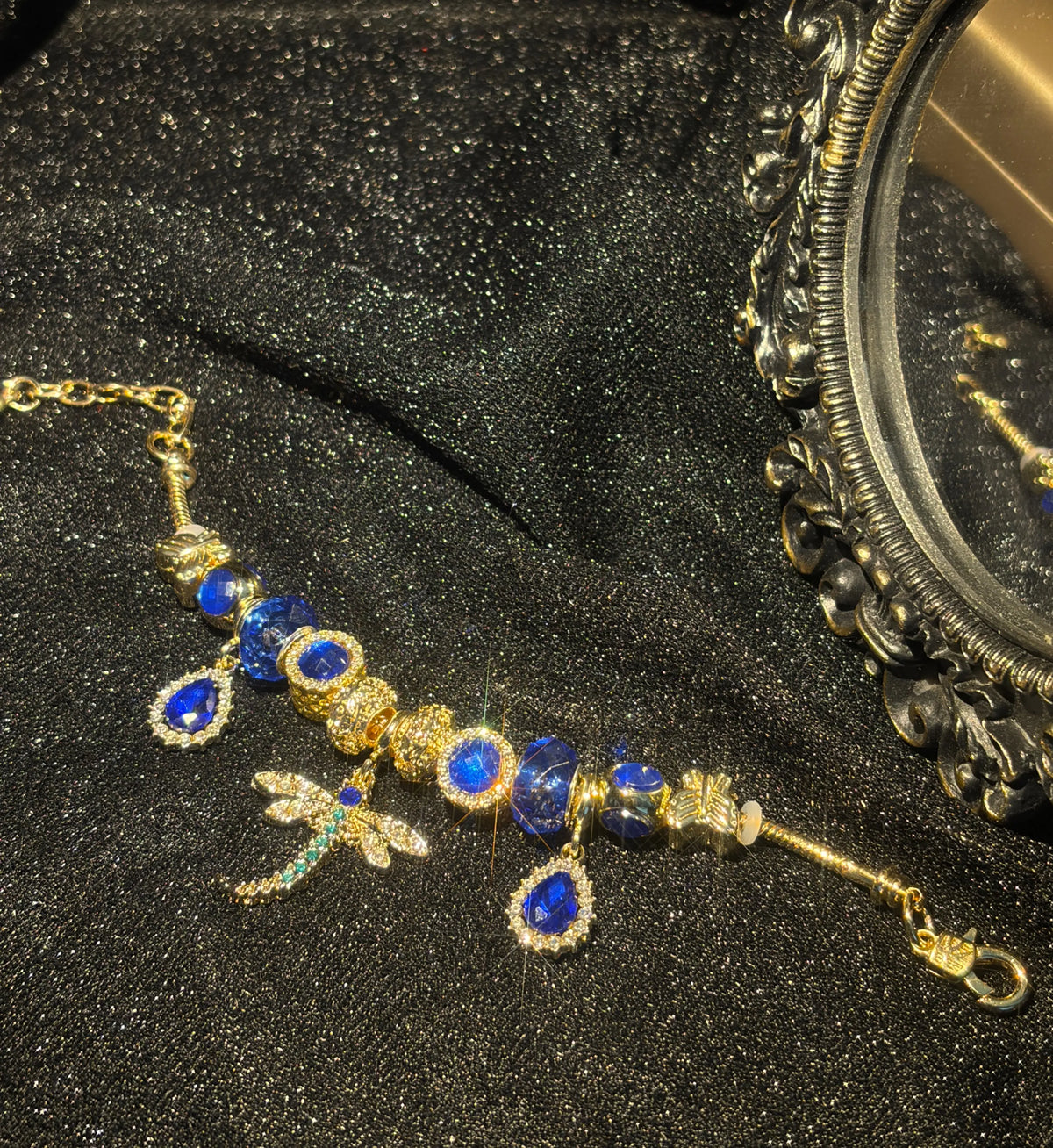 Women's Gold Tone Charm Bracelet, Sparkling Blue Bead & Dragonfly Rhinestone Charms Bangle for Daily Party Wear