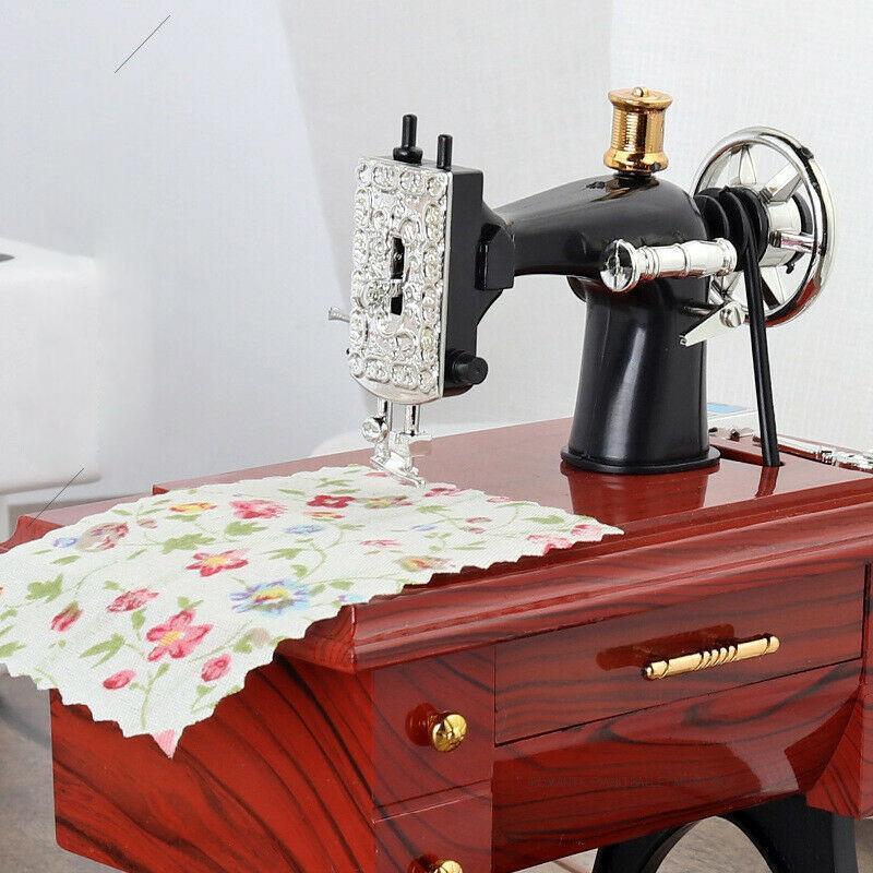 Vintage Mini Sewing Machine Music Box with Drawer – Retro Wooden Treadle Sewing Machine Decor
