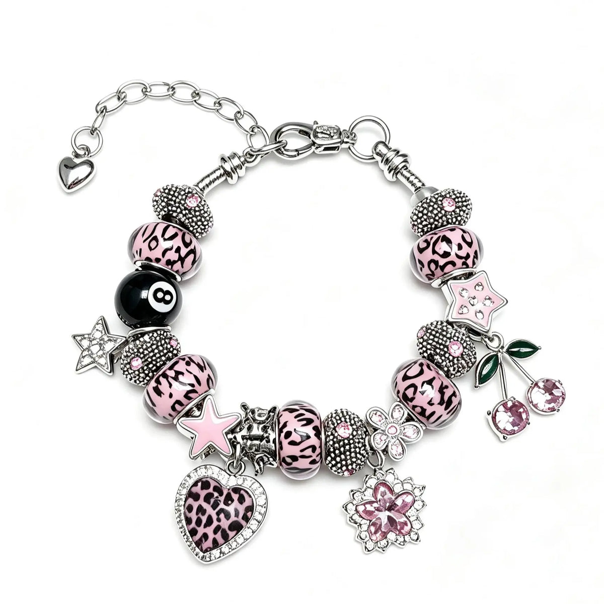 Viral Leopard Charm Bracelet (Pink/Blue) – 8-Ball, Cherry & Heart Pendants | Adjustable Silver Chain Gift for Her