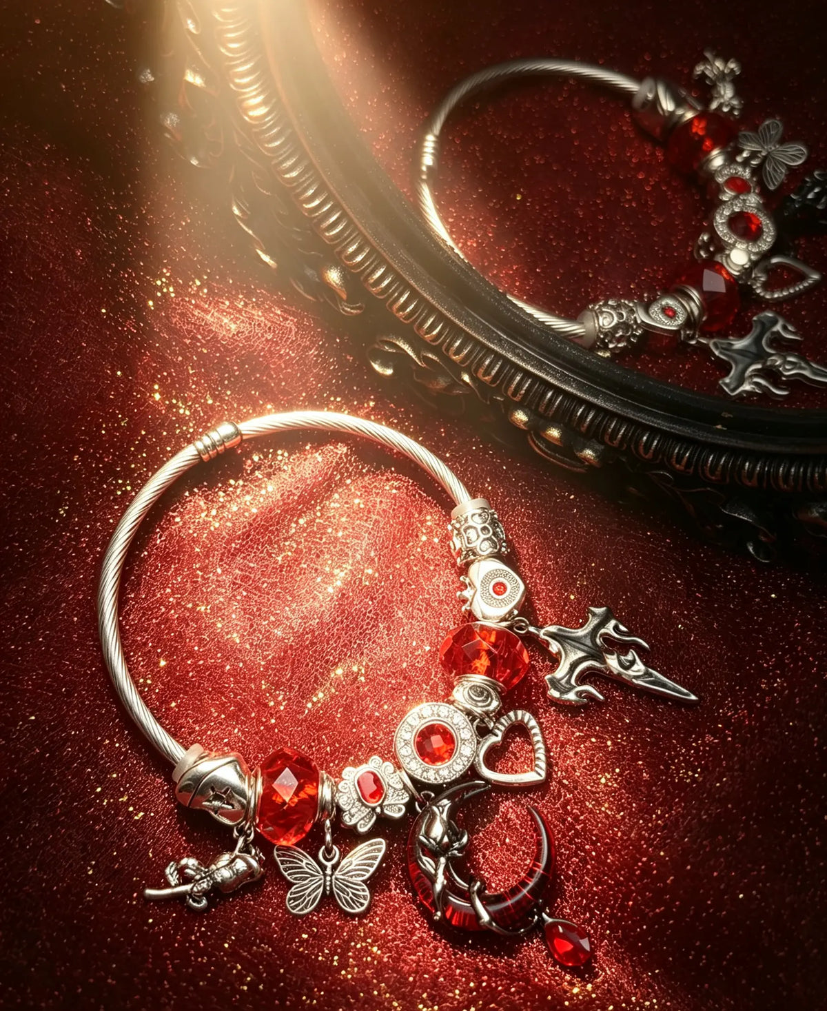 Gothic Red Moon Charm Open Cuff Bracelet, Adjustable Twisted Cable Bangle with Red Crystal, Butterfly Heart Cross Charms, Dark Romance Jewelry Gift for Women