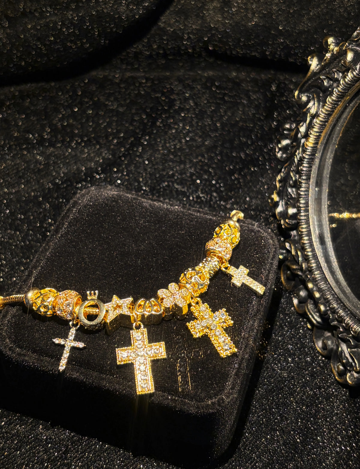 Women's Gold Tone Charm Bracelet, Sparkling Cross & Flower Rhinestone Charms Bangle for Daily Party Wear
