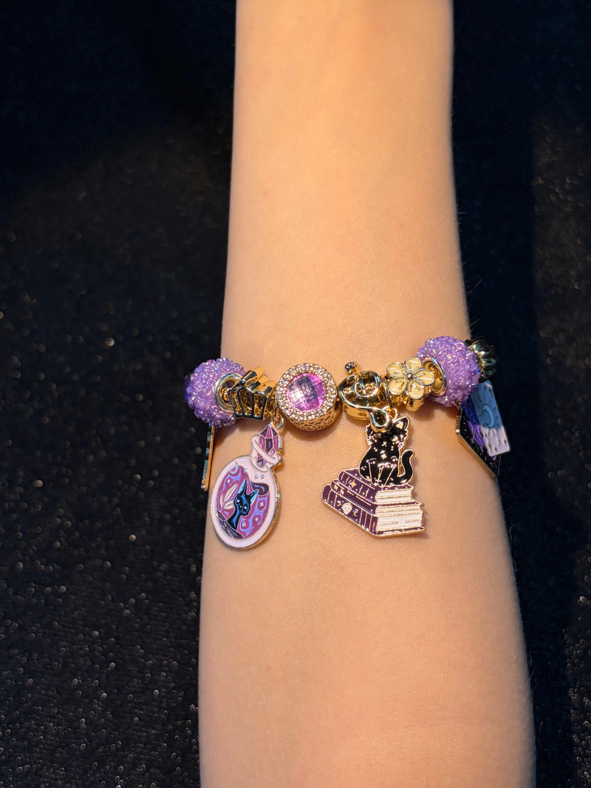 Women's Gold-Tone Snake Chain Charm Bracelet - Mystical Witch Theme with Black Cat, Tarot Card, Magic Potion Enamel Charms, Stackable Adjustable Jewelry for Halloween, Daily Wear, Gifting