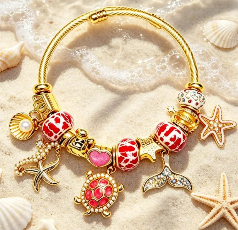 Tone Gold Open Twist Bangle Ocean Charm Bracelet Red Enamel Bead Turtle Mermaid Tail Starfish Shell Women Beach Jewelry Gift