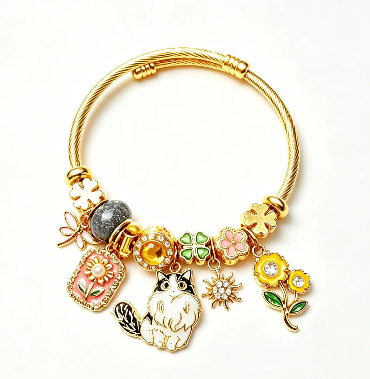 Women's Adjustable Gold-Plated Cat Charm Bangle - Enamel Flower, 4-Leaf Clover, Twisted Cable Wire, Dangle Bead Costume Jewelry Gift
