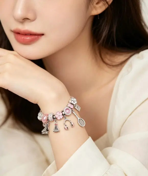 Pink Sports Theme Charm Bracelet with Gift Box, Adjustable Silver Snake Chain Bracelet with Skate, Racket, Headphone Charms, Jewelry Gift for Women Girls