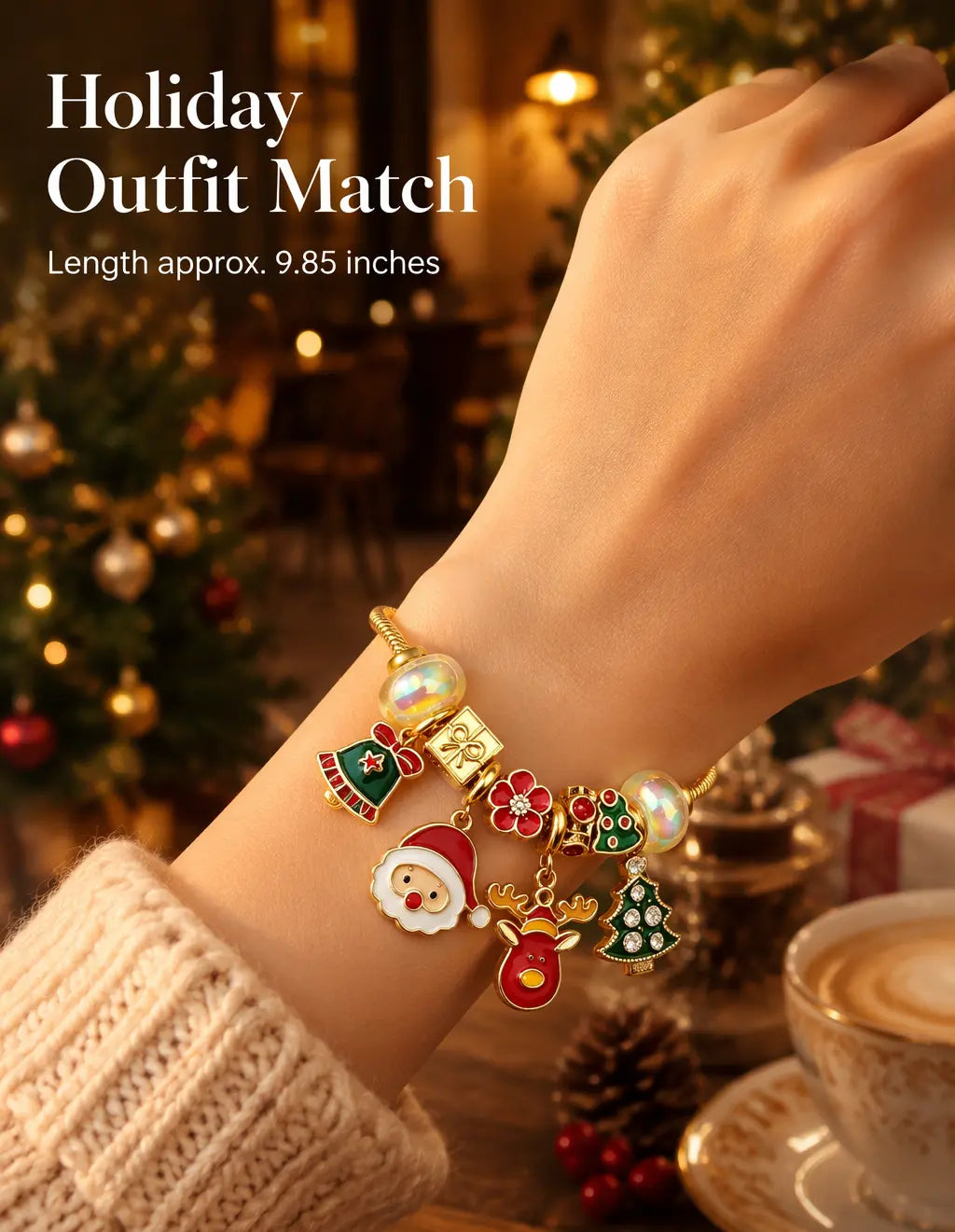 Christmas Charm Bracelet for Women, Gold Plated Snake Chain Beaded Bracelet with Santa Claus, Reindeer, Christmas Tree Enamel Charms, Holiday Xmas Jewelry Gift