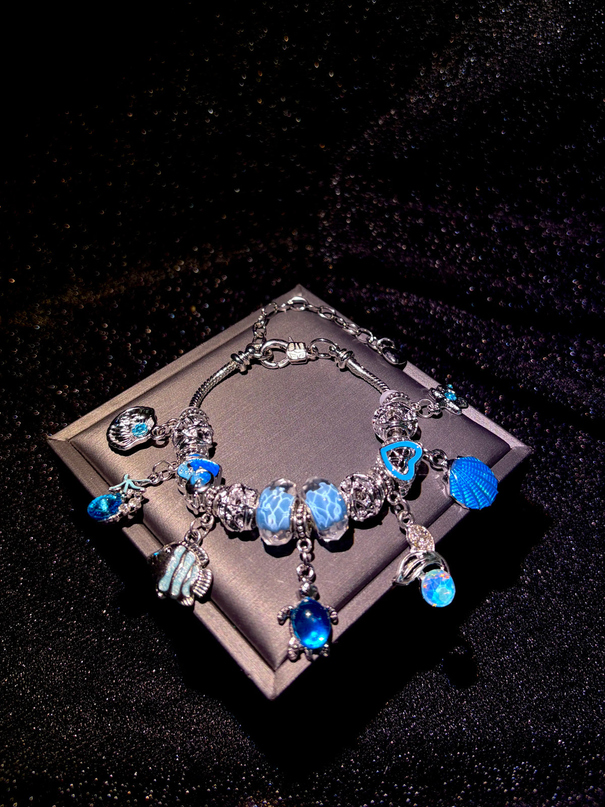 Women's Ocean Theme Charm Bracelet - Silver Snake Chain Beaded Bracelet with Shell, Turtle, Fish, Starfish Charms - 2-Color Mermaid Beach Costume Jewelry Gift