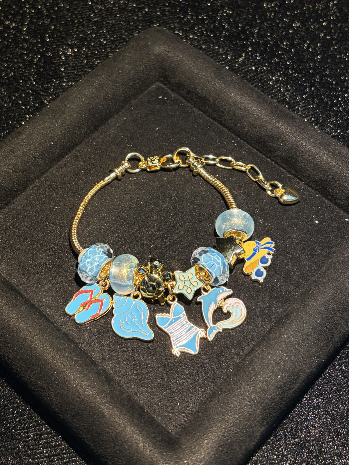 Women's Ocean Beach Theme Charm Bracelet, Gold-Tone Adjustable Snake Chain Bracelet with Shimmer Water-Like Beads, Summer Fashion Jewelry Gift