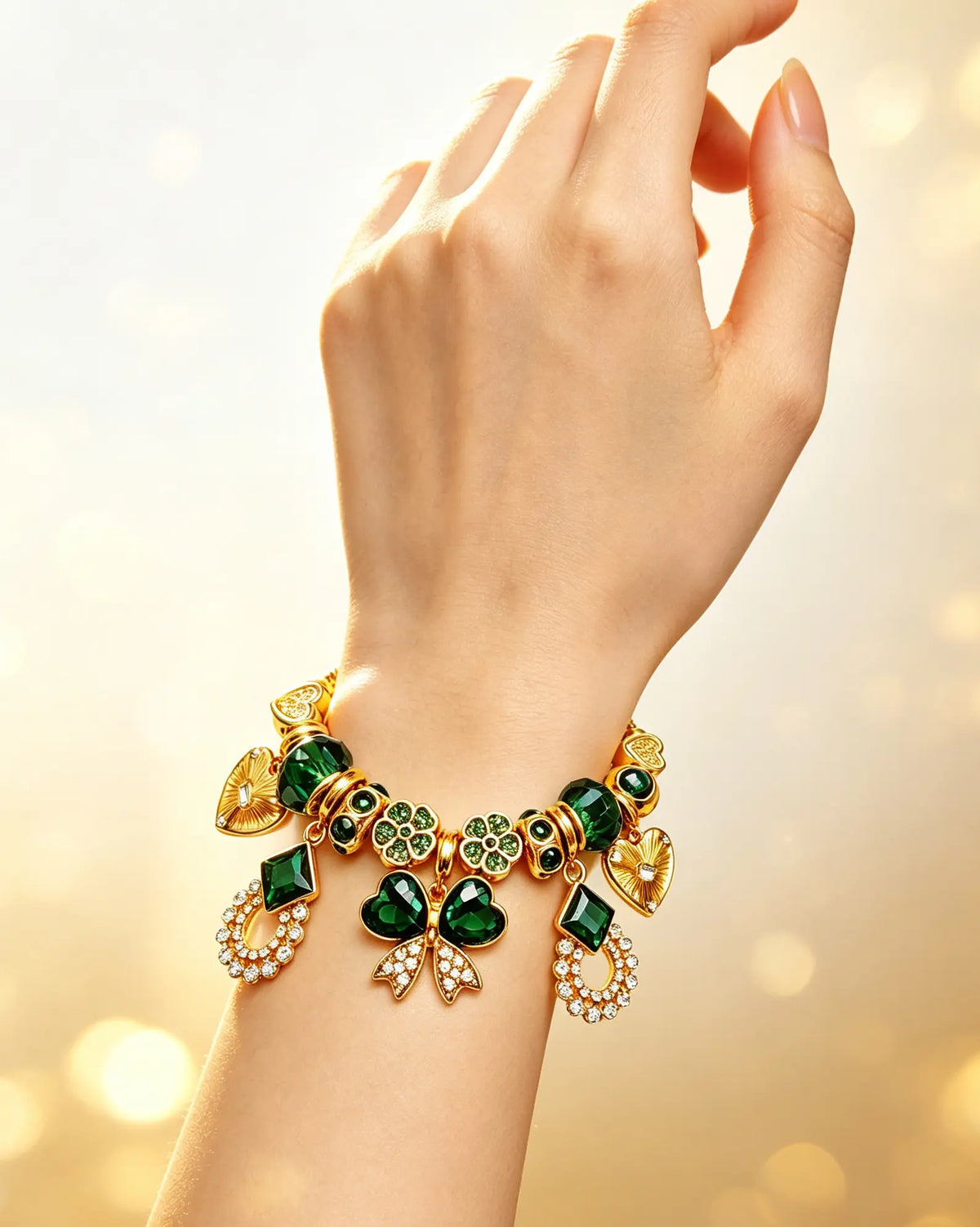 Women's Gold-Plated Charm Bracelet - Emerald Green Crystal 4-Leaf Clover, Heart, Bow Pendant Beaded Bracelet, Elegant Vintage Costume Jewelry Gift for Women