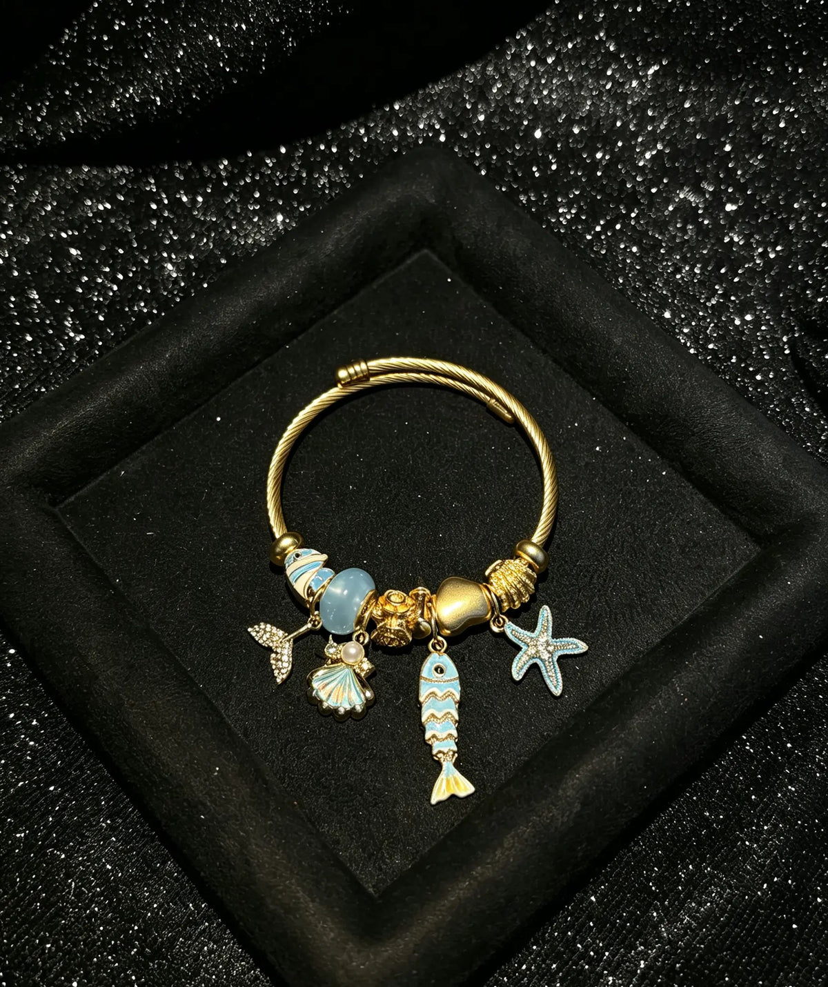 Women's Gold-Tone Ocean Theme Charm Open Cuff Bracelet with Fish, Starfish & Shell Charms, Beach Costume Jewelry Gift